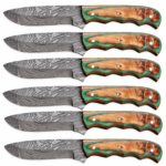 Six views of green burl wood Damascus-style hunting knives showing patterned fixed blades and three-pin contoured handles