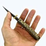 Damascus Steel Handle Folding Knife with Curved Patterned Blade, Textured Silver Metal Handle, Decorative Rivets and Brown Leather Pouch