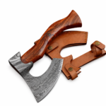 Curved Handle Damascus Axe with a broad black-and-silver patterned bearded head, deep curved blade cutout and flared reddish-brown wood-look handle.