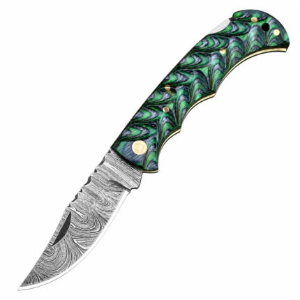 Green Black Damascus Hunting Knife with silver-gray patterned blade, curved pointed tip, green-and-black marbled contoured handle and metallic pins