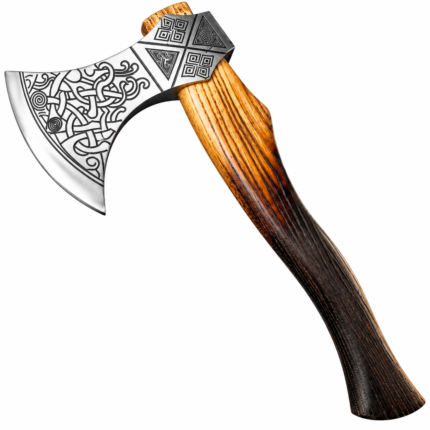Engraved Nordic Viking Axe with silver curved bearded head, black Celtic-style knotwork and geometric motifs, and a golden-brown to dark wooden handle
