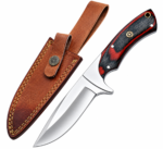 Full side view of red black handle fixed blade hunting-style knife with polished metallic bolster and broad blade