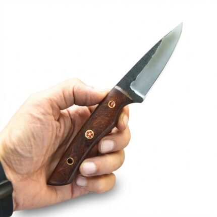 Brown handle drop point knife with a dark-and-silver blade, two gold-tone tube fittings, and a decorative centre pin resting against a log.