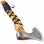 Engraved Viking Axe with ornate silver-colored head, curved golden-brown wood-look handle, black wrapping, gold-colored studs and hanging cord