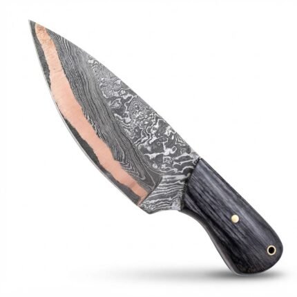 Black Wood Handle Damascus Pattern Hunting Knife with copper-colored blade accent, finger grooves, decorative mosaic pin and lanyard hole