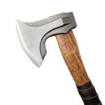 Black and silver bearded axe with a brown grain-look handle, dark overlapping grip wrap, flared handle end, and knotted lanyard.
