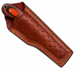 Orange Black Damascus Pattern Cleaver Knife with broad silver-gray blade, orange-and-black contoured handle and brown embossed stitched sheath.