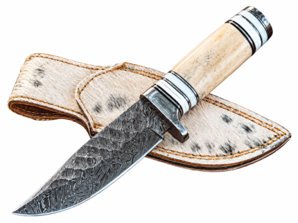 Ivory handle Damascus pattern hunting knife with dark silver swirling blade, polished metal guard, black and white handle bands, and spotted fur-look sheath.