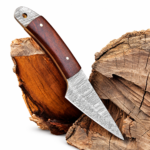 Damascus Pattern Fixed Blade Hunting Knife with silver layered-look blade, reddish-brown wood-look handle, brass-colored pins and metal end cap