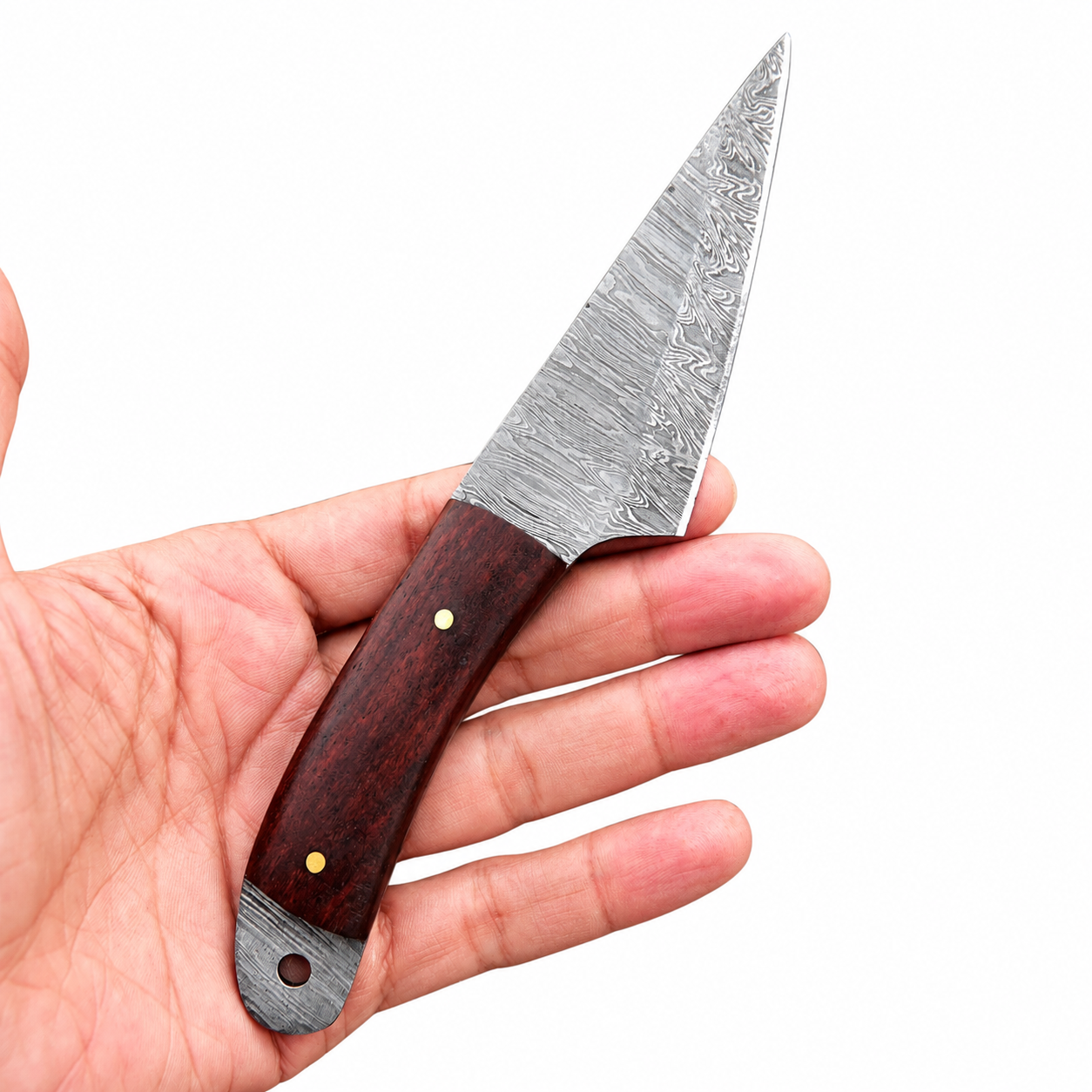 ded8a4a5-9a09-4b74-80a1-b5a9625fe0a2 Damascus Pattern Fixed Blade Hunting Knife with silver layered-look blade, reddish-brown wood-look handle, brass-colored pins and metal end cap