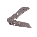 Raindrop Damascus Pattern Folding Knife showing matching circular blade and handle patterns, dark screws and a central mosaic-style pin.