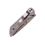 Raindrop Damascus Pattern Folding Knife showing matching circular blade and handle patterns, dark screws and a central mosaic-style pin.