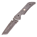 Raindrop Damascus Pattern Folding Knife showing matching circular blade and handle patterns, dark screws and a central mosaic-style pin.