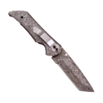 Raindrop Damascus Pattern Folding Knife showing matching circular blade and handle patterns, dark screws and a central mosaic-style pin.