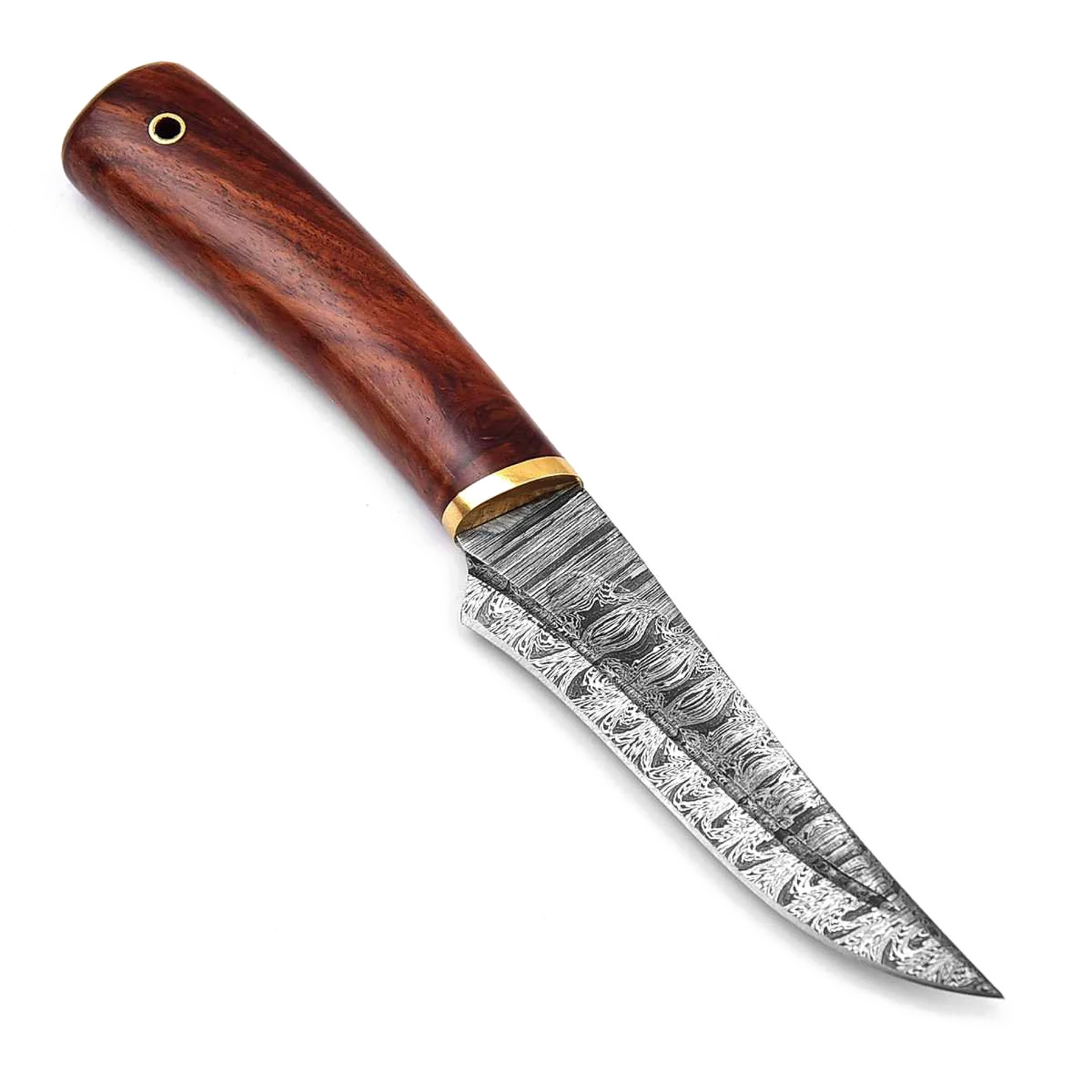 Slim Damascus Pattern Fixed Blade Knife with narrow gray patterned blade, reddish-brown wood-grain-look handle and gold-colored collar.