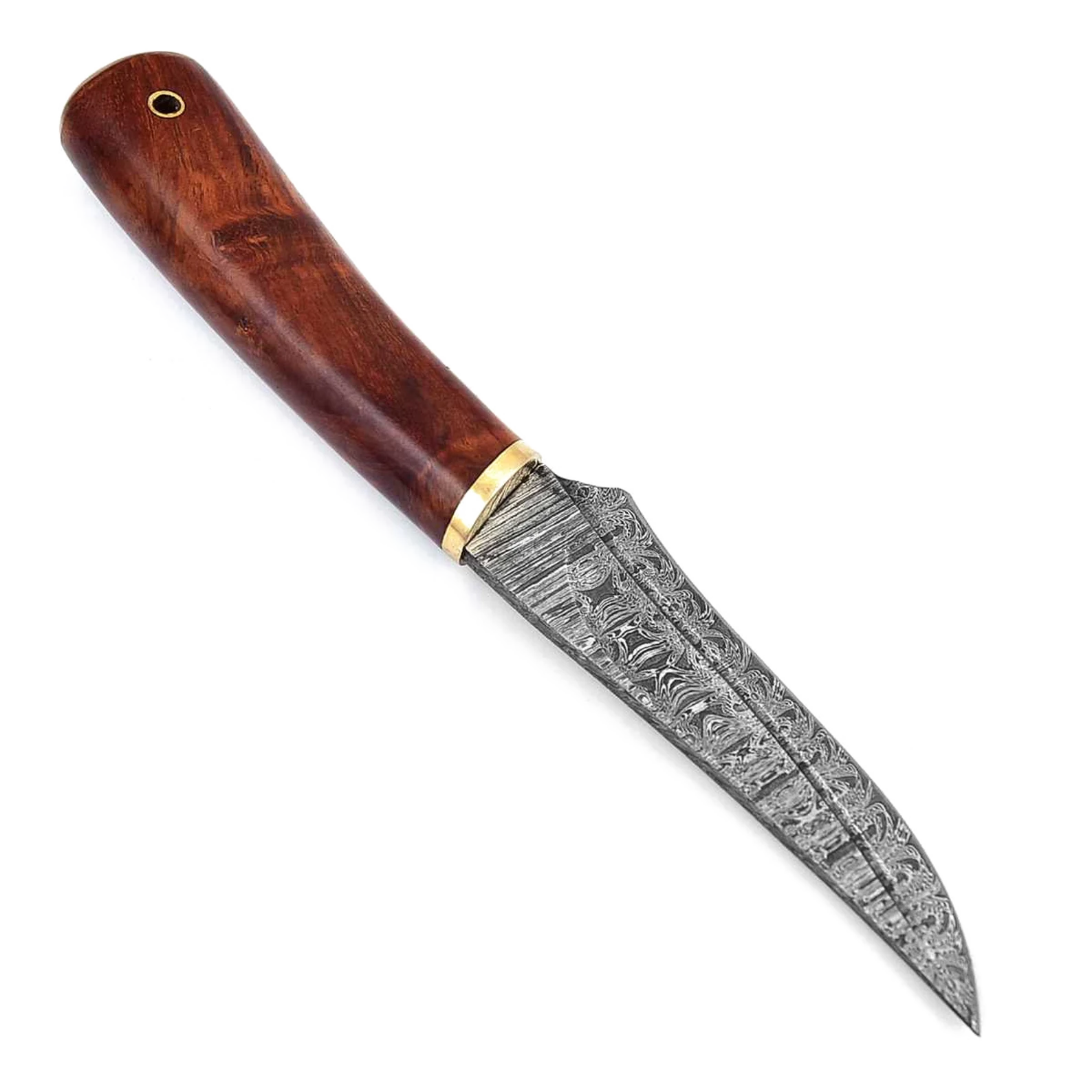 Slim Damascus Pattern Fixed Blade Knife with narrow gray patterned blade, reddish-brown wood-grain-look handle and gold-colored collar.