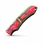 Hand Carved Red Green Hunting Knife with Dark Curved Steel Blade, Decorative Star Pattern Handle and Rustic Finish