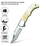 Cream Handle Fixed Blade Knife with polished pointed blade, silver bolster, decorative handle pins and lanyard hole displayed in an open hand