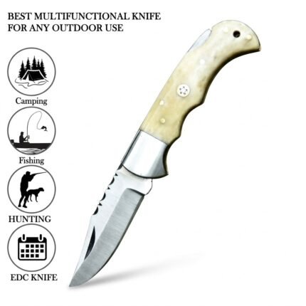Cream Handle Fixed Blade Knife with polished pointed blade, silver bolster, decorative handle pins and lanyard hole displayed in an open hand