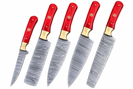 5 Piece Red Handle Damascus Kitchen Knife Set showing five patterned blades, red wood-grain-look handles, decorative gold-tone bolsters and matching fittings.