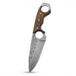 Double Ring Wooden Handle Hunting Knife with Satin Finish Fixed Blade, Circular Finger Openings, Brown Wooden Grip and Leather Sheath