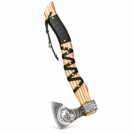 Norse Engraved Viking Axe with a dark curved head, silver knotwork and rune-like details, pale wood-grain handle, black spiral wrapping and hanging cord.