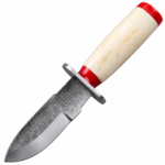 Textured fixed blade hunting knife with silver patterned blade, ivory-style handle, red accents, metal guard, and brown leather-style sheath