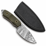 Compact Damascus Skinning Knife with a short silver-gray patterned curved blade, dark textured handle and two gold-tone-lined circular openings