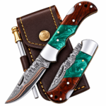 Green Resin Handle Damascus Hunting Knife with copper-accented patterned blade, dark wood-grain grip, silver bolster and brown stitched sheath with metal rod.