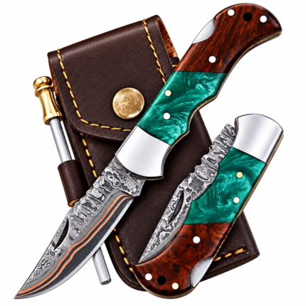 Green Resin Handle Damascus Hunting Knife with copper-accented patterned blade, dark wood-grain grip, silver bolster and brown stitched sheath with metal rod.