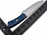 Blue Handle Damascus Hunting Knife with silver-gray patterned pointed blade, navy blue contoured grip, gold-tone pins and decorative mosaic fitting