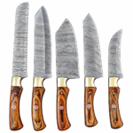 5-Piece Damascus Pattern Kitchen Knife Set showing five assorted silver-gray wave-patterned blades with brown wood-grain handles, gold-tone bolsters and circular decorative fittings