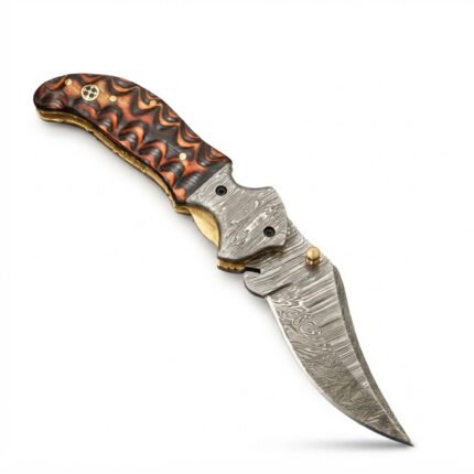 Wavy Handle Damascus Folding Knife with curved patterned blade, black and copper-brown sculpted handle, ornate silver pivot and brown snap-closure pouch.