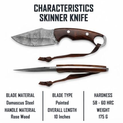 Ring handle fixed blade knife with a patterned blade, brown grain handle, and lanyard beside a stitched brown sheath, with a partial side view.