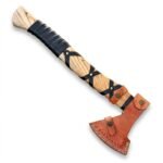 Engraved Viking Axe with silver Norse-patterned head, long wooden handle with black wraps, and brown protective blade cover