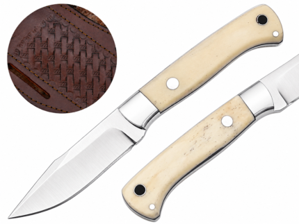 Ivory Look Handle Fixed Blade Knife with a pointed satin-look silver blade, polished metal bolster, cream grip and metal-rimmed rear opening.