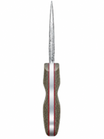 Compact Damascus Skinning Knife with a short silver-gray patterned curved blade, dark textured handle and two gold-tone-lined circular openings