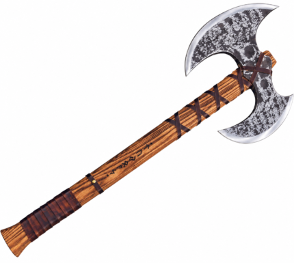 Double bit Viking axe with two crescent-shaped blades, dark rustic metal finish, silver edges, long brown wood-grain handle, and decorative wrapping.