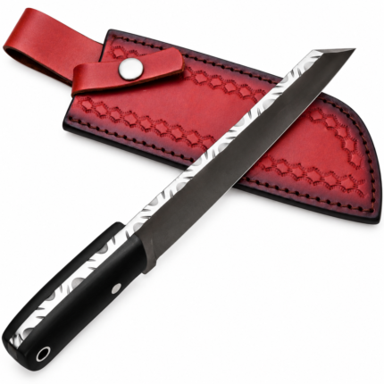 Black Handle Tanto Hunting Knife with Satin Finish Steel Blade, Angular Tanto Point, Black Contoured Grip and Red Leather Sheath