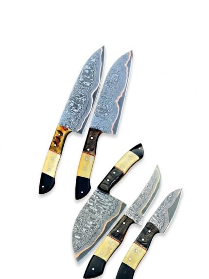 Damascus Pattern Fixed Blade Knife with pointed silver-gray patterned blade, black and ivory-style handle, decorative pins and metal-lined lanyard hole.
