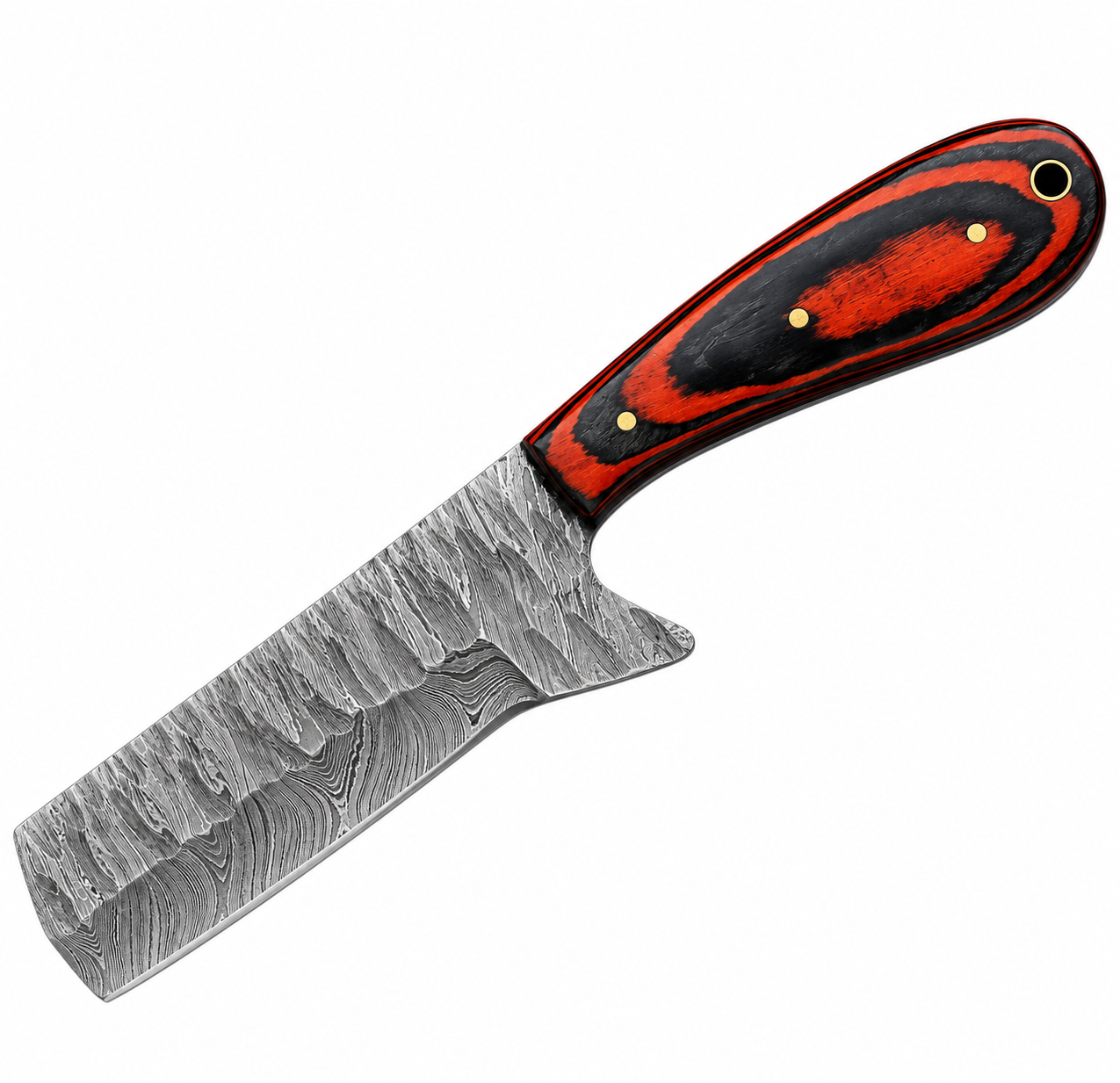 e7f8c3a8-5018-41db-b5cc-b68d5aa8ee59 Orange Black Damascus Pattern Cleaver Knife with broad silver-gray blade, orange-and-black contoured handle and brown embossed stitched sheath.
