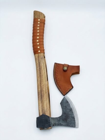 Rustic Wood Handle Camping Hatchet with dark gray axe head, curved silver cutting edge, brown studded wrapped grip and matching reddish-brown stitched blade cover.
