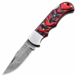 Red Black Damascus Folding Knife with curved patterned blade, sculpted red and black handle, silver bolster and gold-colored pins