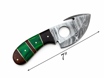 Damascus Gut Hook Knife with silver-gray patterned curved blade, large circular finger-hole-style opening, hooked cutout and blue-brown segmented grip.