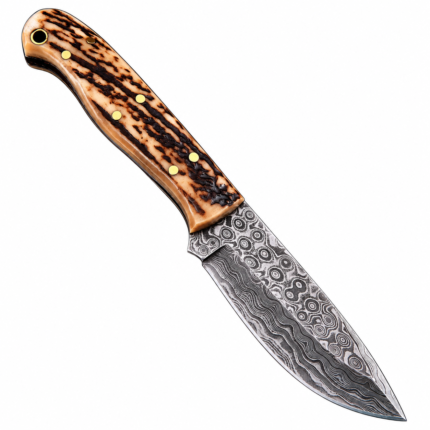 Stag Handle Damascus Hunting Knife with circular patterned blade, brown and black antler-style handle, gold-colored pins and dark brown stitched sheath