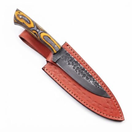 Black Blade Chef Knife with dark gray pointed blade, subtle scalloped detailing and yellow-gray patterned handle with three silver-colored pins