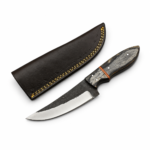 Black textured fixed blade knife with a bright silver-colored cutting-edge section, dark olive-and-black wood-grain-style handle, four metallic pins, and orange spacer
