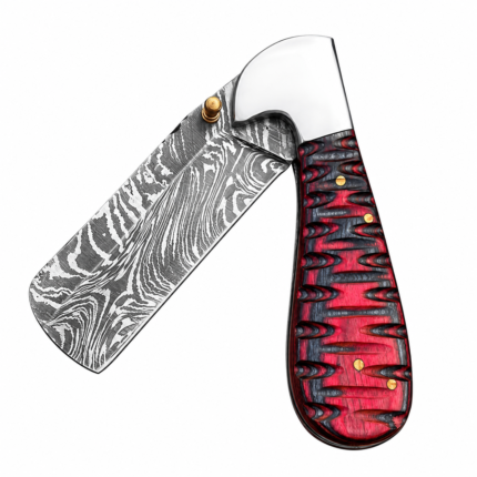Red Black Cleaver Folding Knife with broad silver-gray Damascus-style patterned blade, red-and-black textured handle, polished bolster and gold-tone accents