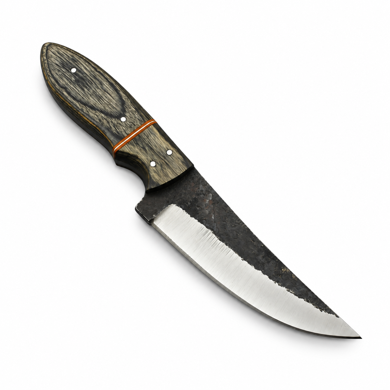 ed0bccbb-eaff-4296-9035-2156184180d6 Black textured fixed blade knife with a bright silver-colored cutting-edge section, dark olive-and-black wood-grain-style handle, four metallic pins, and orange spacer