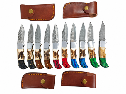 Damascus Pattern Knife collection showing ten fixed-blade knives with silver-gray patterned blades, black, brown, red, blue and green handles, and brown sheaths.